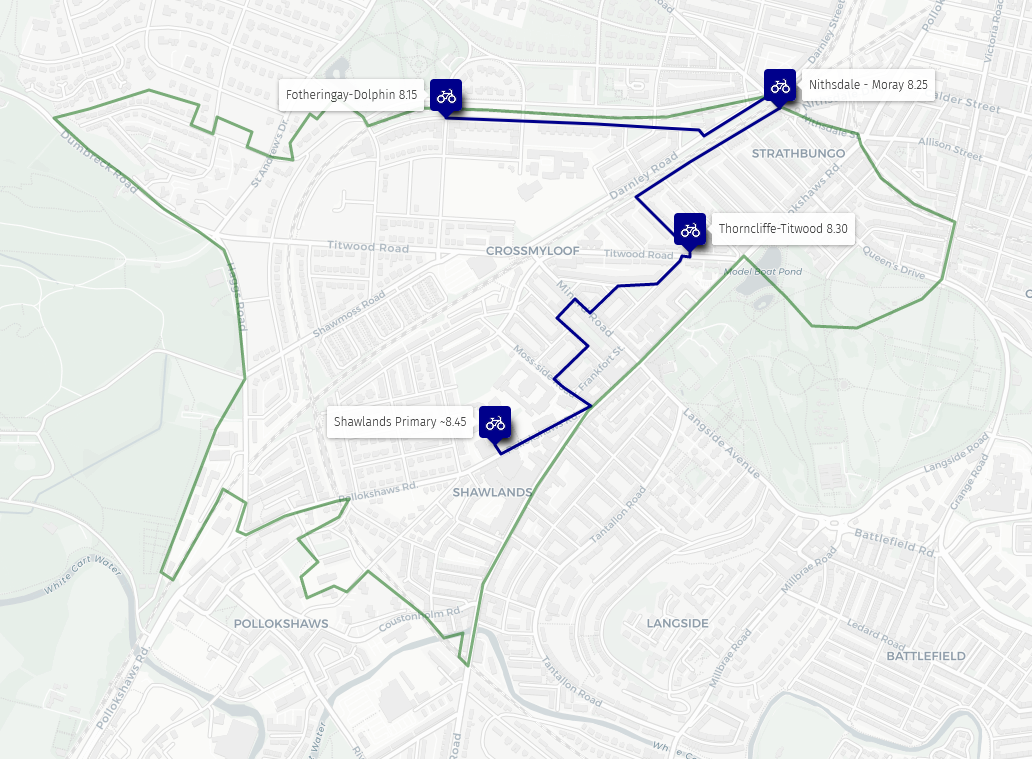 Route map with stops labled: Fotheringay-Dolphin 8:15, Nithsdale Road Phonebox 8:25, Thorncliffe-Titwood 8:30, Shawlands Primary 8:45.